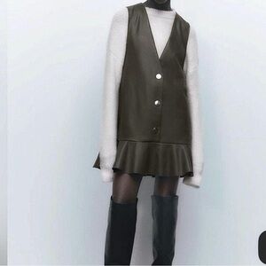 Zara olive green leather Sleeveless Dress with Metallic Buttons